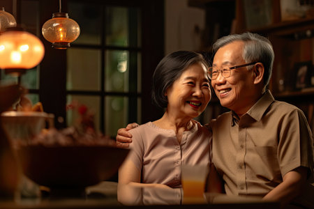 Senior Asian couples take care of each other together time in their living room, Generative AIの素材