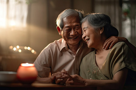 Senior Asian couples take care of each other together time in their living room, Generative AIの素材