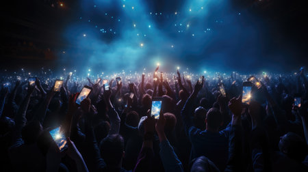 A crowd of people at a live event, concert or party holding hands and smartphones upの素材