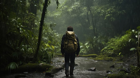 A trekker in the rain forest, in the rain, with difficultyの素材