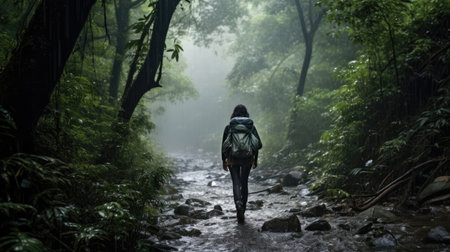A woman trekker in the rain forest, in the rain, with difficultyの素材
