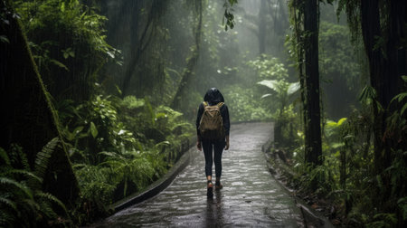 A woman trekker in the rain forest, in the rain, with difficultyの素材