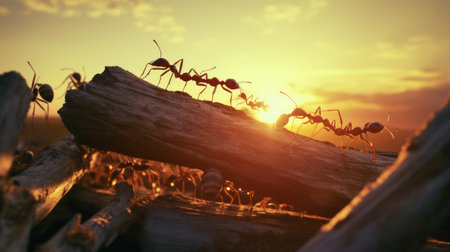 Team of ants constructing on sunset, work with logの素材