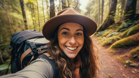Digital nomad, woman Photo vlogger, Travel blogger trekking and filming in destination forest. taking selfie.の素材