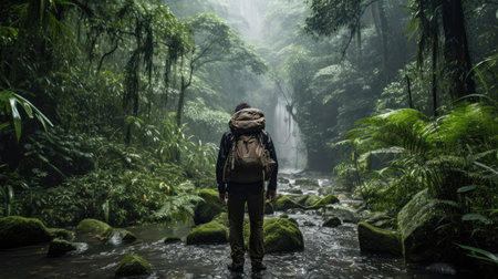 A trekker in the rain forest, in the rain, with difficultyの素材