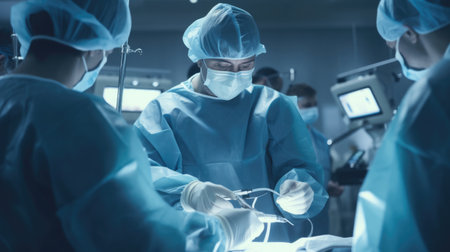 Surgeons team working with Monitoring of patient in surgical operating room.の素材