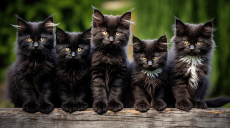 Group of black maine coon kittens posing together outdoorsの素材