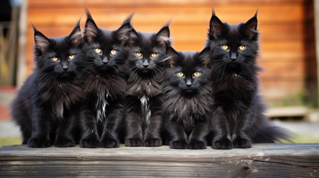 Group of black maine coon kittens posing together outdoorsの素材