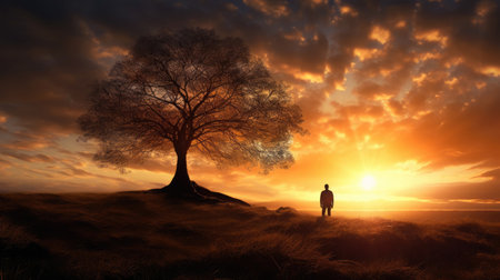 Silhouette of lonely human under old majestic tree at evening meadow during incredible sunset with rays of golden sunの素材