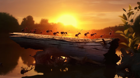 Team of ants constructing on sunset, work with logの素材