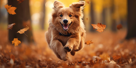 Happy dog running, walking in the leaves, autumn fall bannerの素材
