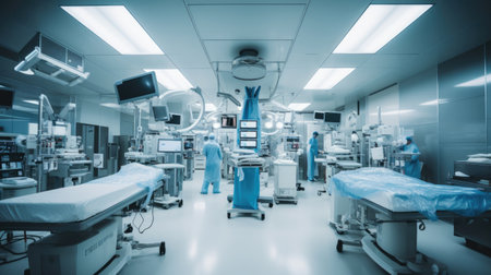 In advanced operating room with lots of equipment, patient and working surgical specialistsの素材