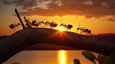 Team of ants constructing on sunset, work with logの素材