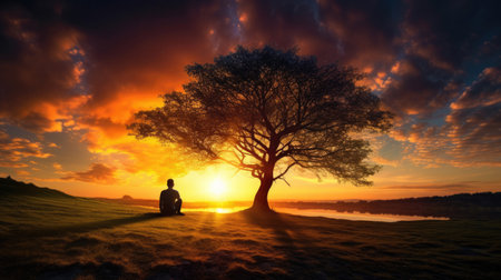 Silhouette of lonely human under old majestic tree at evening meadow during incredible sunset with rays of golden sunの素材