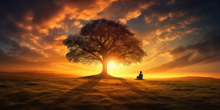 Silhouette of lonely human under old majestic tree at evening meadow during incredible sunset with rays of golden sunの素材