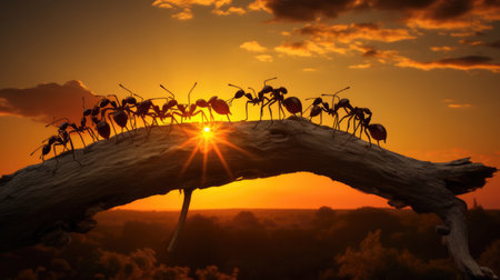 Team of ants constructing on sunset, work with logの素材