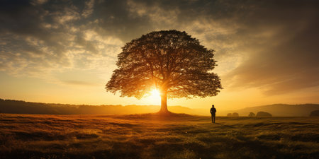 Silhouette of lonely human under old majestic tree at evening meadow during incredible sunset with rays of golden sunの素材