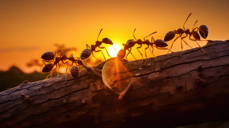 Team of ants constructing on sunset, work with logの素材