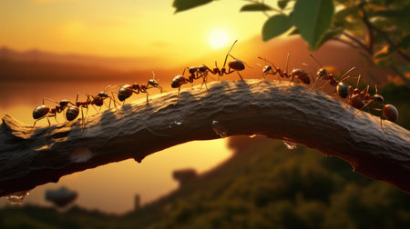 Team of ants constructing on sunset, work with logの素材