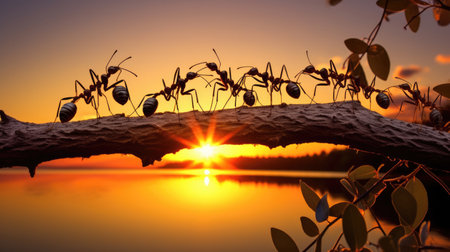 Team of ants constructing on sunset, work with logの素材