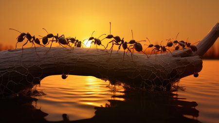 Team of ants constructing on sunset, work with logの素材