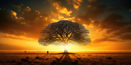 Silhouette of lonely human under old majestic tree at evening meadow during incredible sunset with rays of golden sunの素材