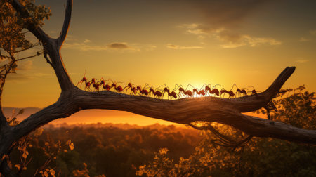 Team of ants constructing on sunset, work with logの素材