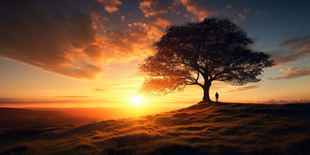 Silhouette of lonely human under old majestic tree at evening meadow during incredible sunset with rays of golden sunの素材