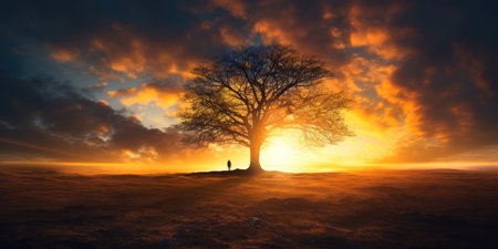 Silhouette of lonely human under old majestic tree at evening meadow during incredible sunset with rays of golden sunの素材