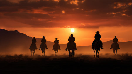 Photo for Cowboys, on horseback, silhouetted by the setting sun - Royalty Free Image