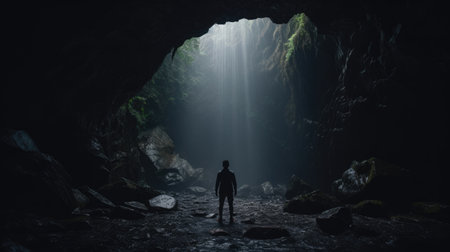 A photo taken from inside of a cave, of a man standing in front of the entrance to the cave.の素材