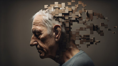 Memory loss due to dementia. Senior man losing parts of head as symbol of decreased mind function.の素材
