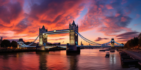 Panorama from the Tower Bridge to the Tower of London, United Kingdom, during sunsetの素材
