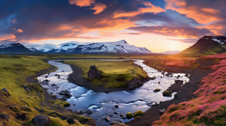 Iceland Landscape spring panorama at sunsetの素材