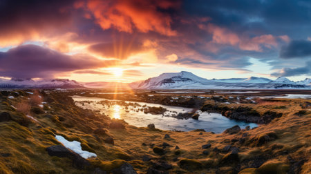 Iceland Landscape spring panorama at sunsetの素材