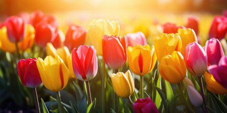 Colorful fresh spring tulips flowersの素材