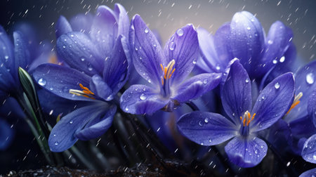Spring flowers of blue crocuses in drops of water on the background of tracks of rain dropsの素材