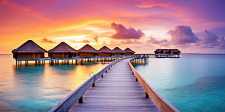 Sunset on Maldives island, luxury water villas resort and wooden pier. Beautiful sky and clouds and beach background for summer vacation holiday and travel conceptの素材