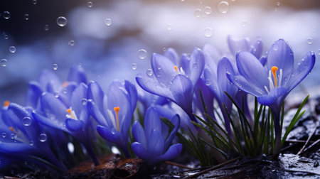 Spring flowers of blue crocuses in drops of water on the background of tracks of rain dropsの素材