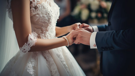 The groom in a blue suit puts a gold ring on the finger of the bride's hand at the ceremony.の素材