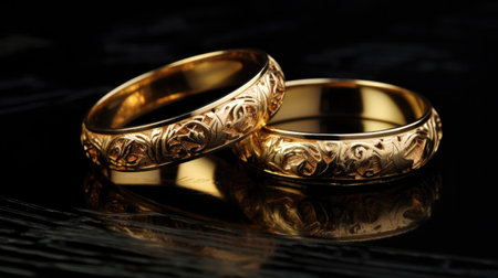 Stylish rings, flowers on wooden table background. Letters from the bride and groom. Vows. Engagement. Luxury marriage and wedding accessory concept.の素材