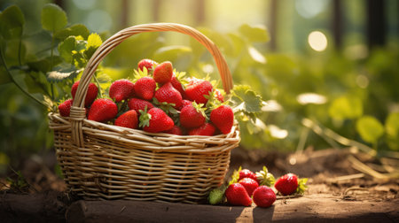 Strawberry field on fruit farm. Fresh ripe organic strawberry in basketの素材