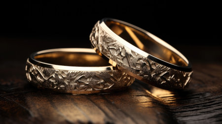Stylish rings, flowers on wooden table background. Letters from the bride and groom. Vows. Engagement. Luxury marriage and wedding accessory concept.の素材