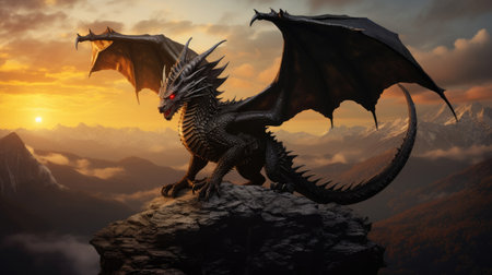 Photo realistic, beautiful majestic black dragon, opulent, mountain background sunsetの素材