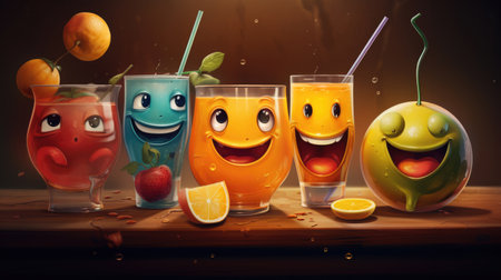 Cartoon Smiley friends with drinksの素材