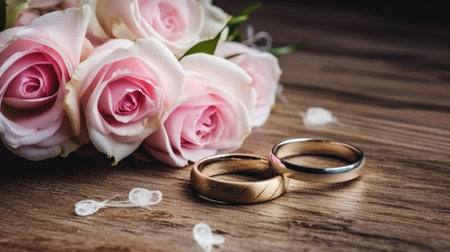 Stylish rings, flowers on wooden table background. Letters from the bride and groom.の素材