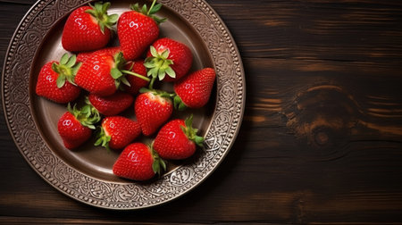 Top of view fresh strawberry in wrought plate on vintage woodの素材