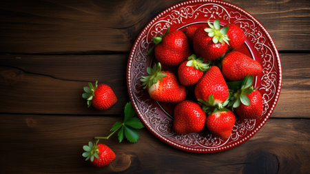 Top of view fresh strawberry in wrought plate on vintage woodの素材