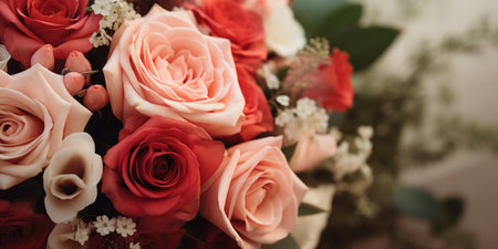 Wedding flowers, bridal bouquet closeup. Decoration made of roses, peonies and decorative plantsの素材