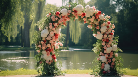 Wedding ceremony. Very beautiful and stylish wedding arch, decorated with various fresh flowers, standing in the garden. Wedding day. Fresh flowers decorationsの素材